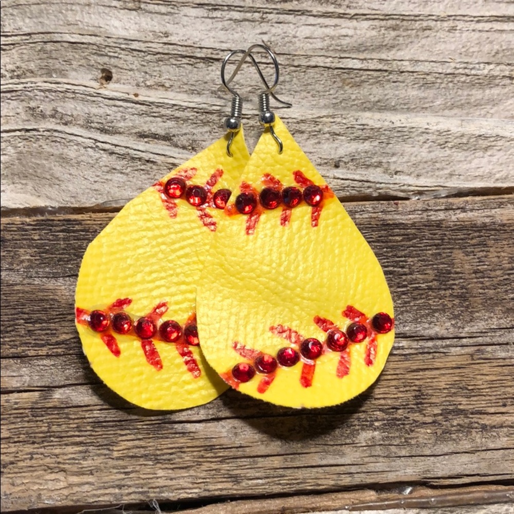 Leather rhinestone softball earrings